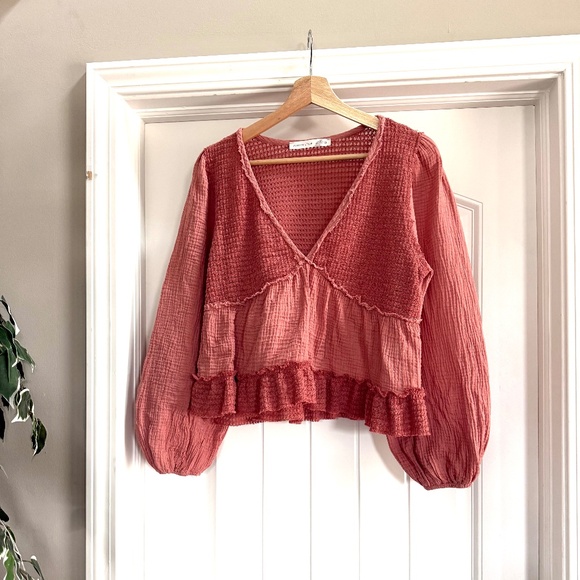 Altar'd State Tops - Altar'd State Pink Patchwork Textured V-Neck Blouse